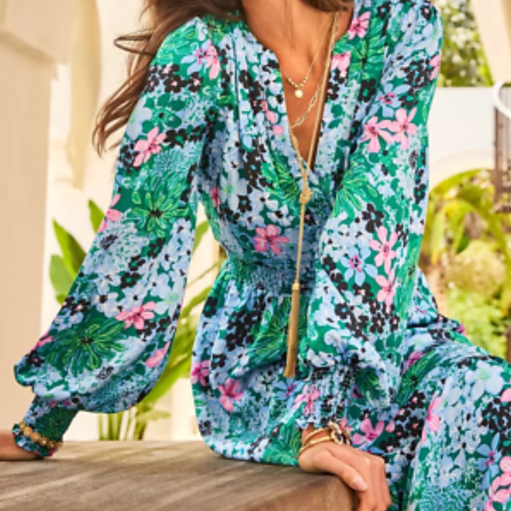 Lilly Pulitzer Sz 4 Loubella Smocked Midi Dress Multi Soiree All Day - Picture 2 of 16